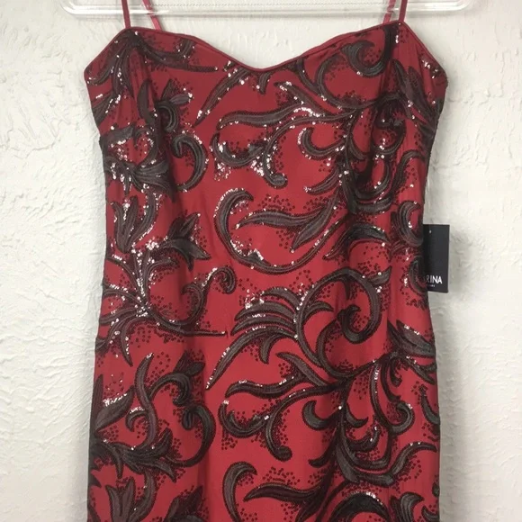 Marina Maroon & Black Sequin Strapless Sequin Gown